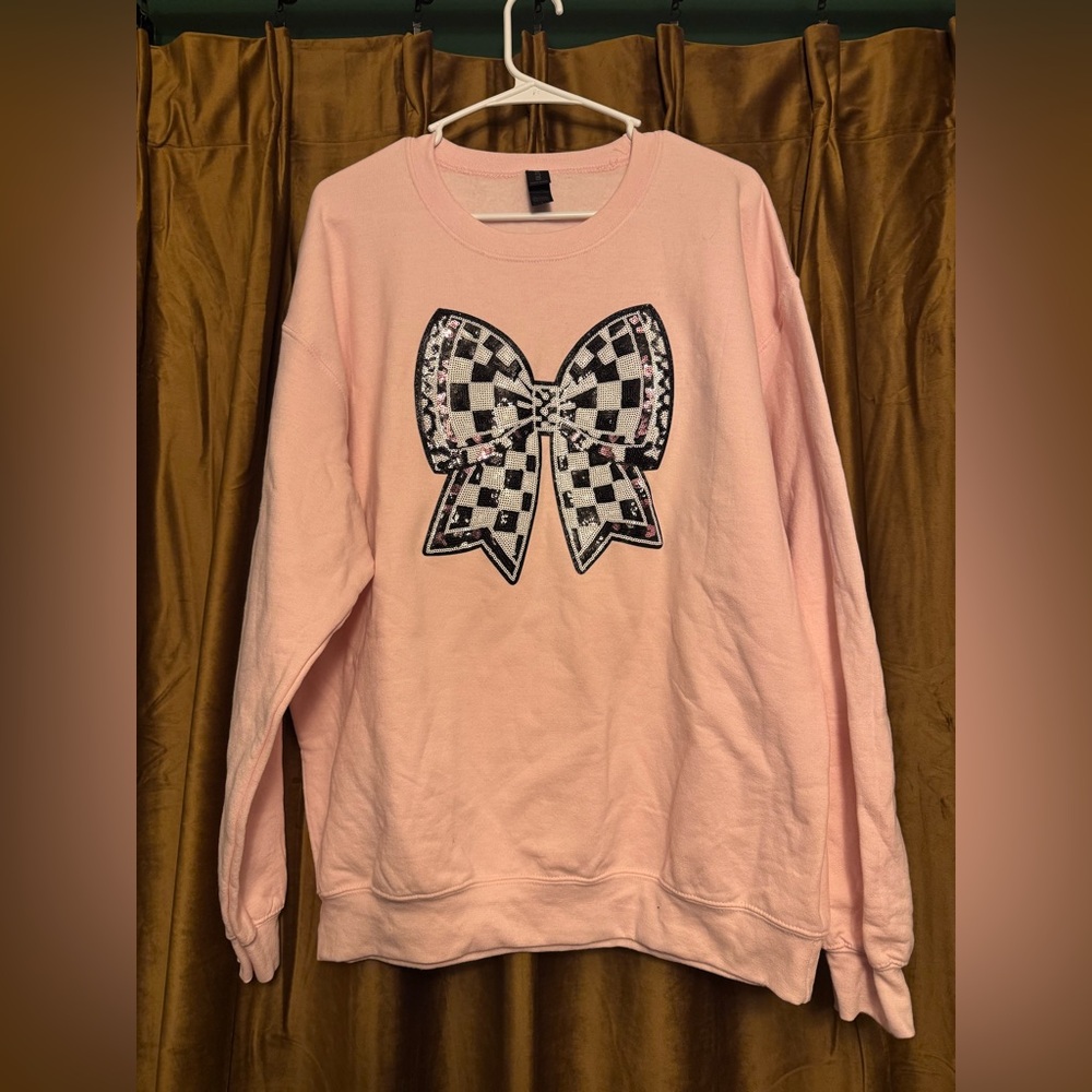 Gildan Pink Crewneck Sweatshirt with Embellished Checkerboard Bow